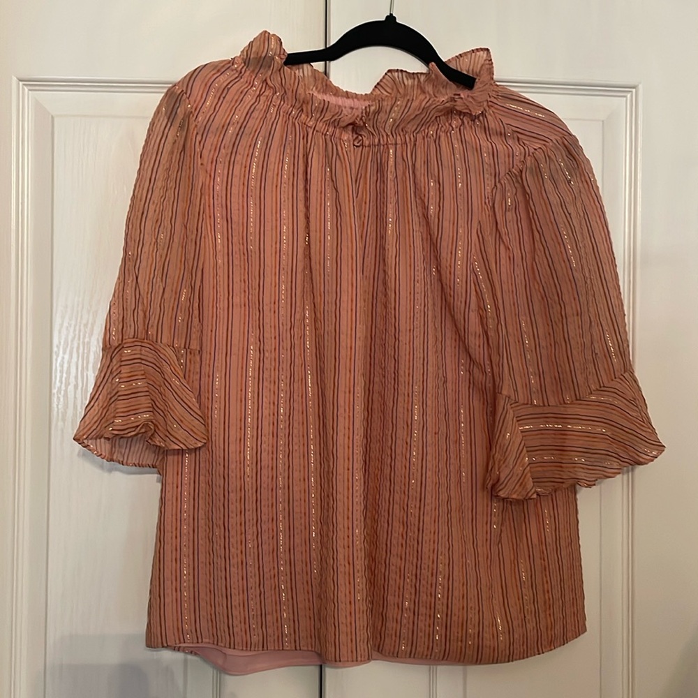 Rebeca Taylor blouse in muted pinks and plums with metallic detail.